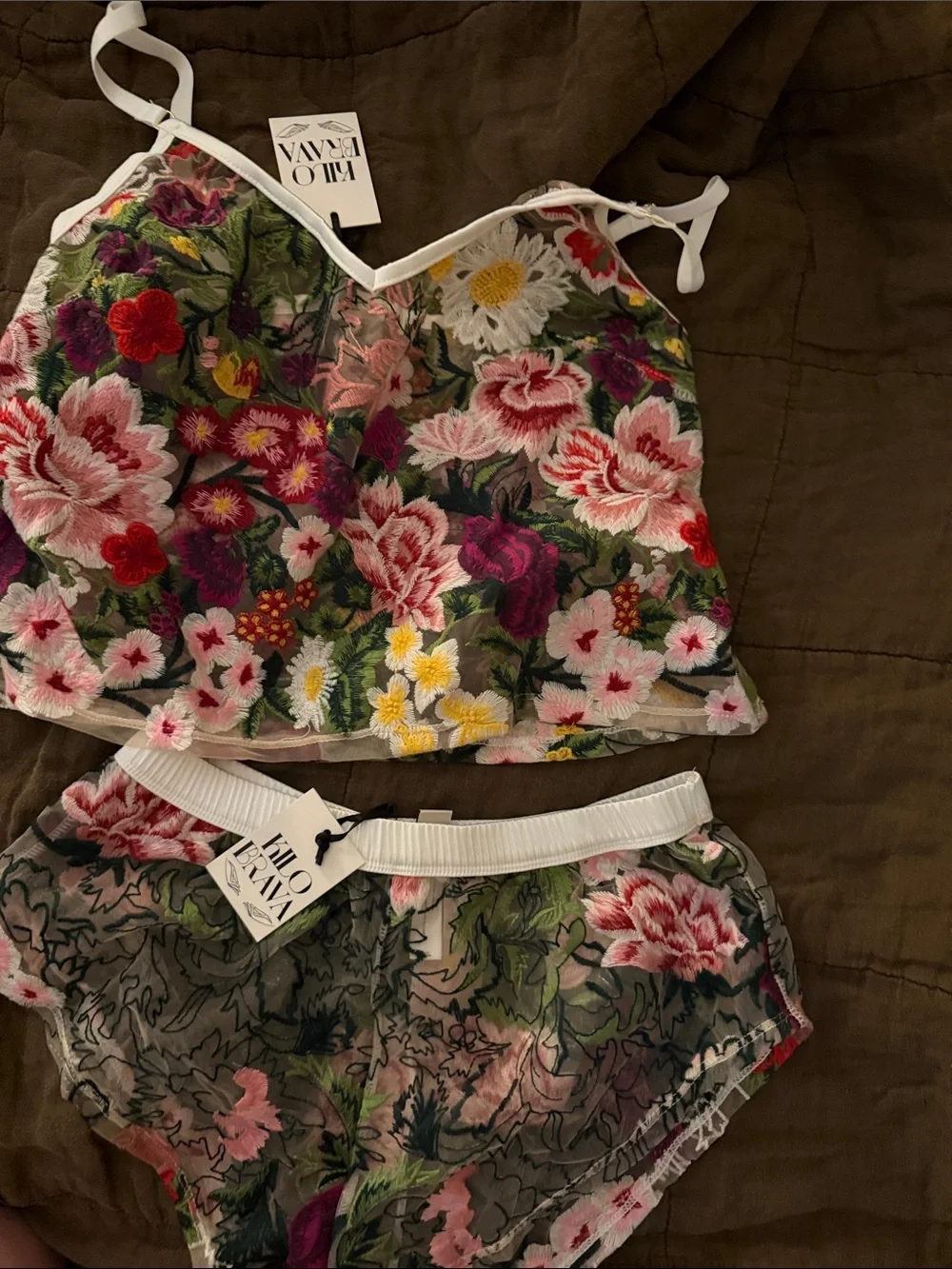 Kilo Brava Sheer Floral Embroidered Cami and Brief Set - White Trim
